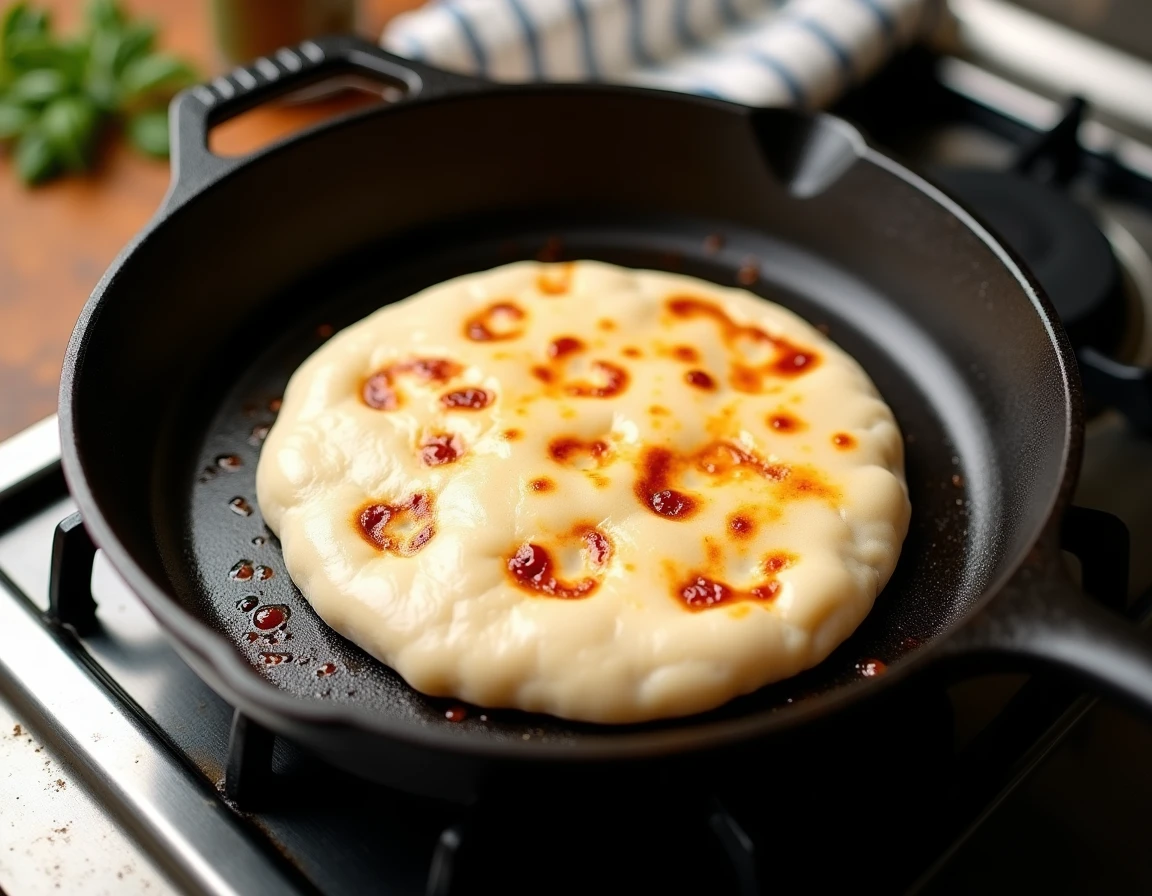 Pâte à pizza dorée et gonflée en train de cuire dans une poêle en fonte sur un feu de cuisinière à gaz