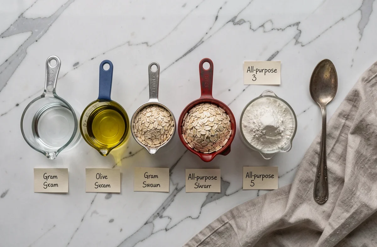 Vue de dessus de plusieurs tasses à mesurer remplies d'ingrédients liquides et solides avec des étiquettes de conversion en grammes sur marbre blanc