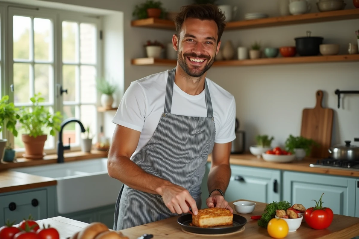 Cyril Lignac cuisinant un plat simple du terroir dans une cuisine familiale lumineuse avec des légumes de saison et herbes fraîches