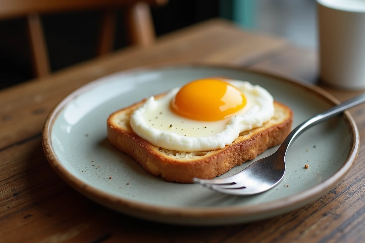 Dessert trompe l'oeil imitant un œuf au plat avec toast réalisé en panna cotta coco et gel mangue sur assiette céramique vintage dans un bistrot