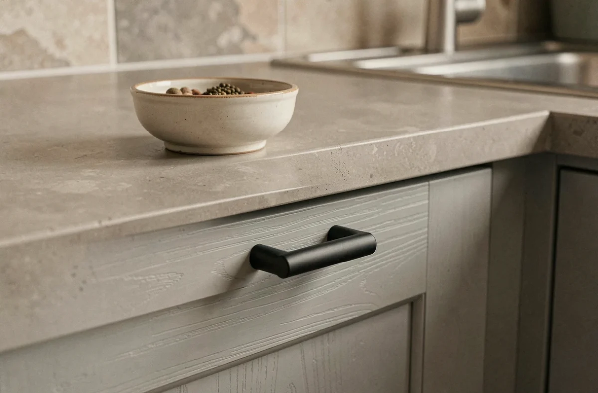 Gros plan sur une poignée noire mate installée sur un tiroir de cuisine IKEA pour un rendu haut de gamme à petit prix