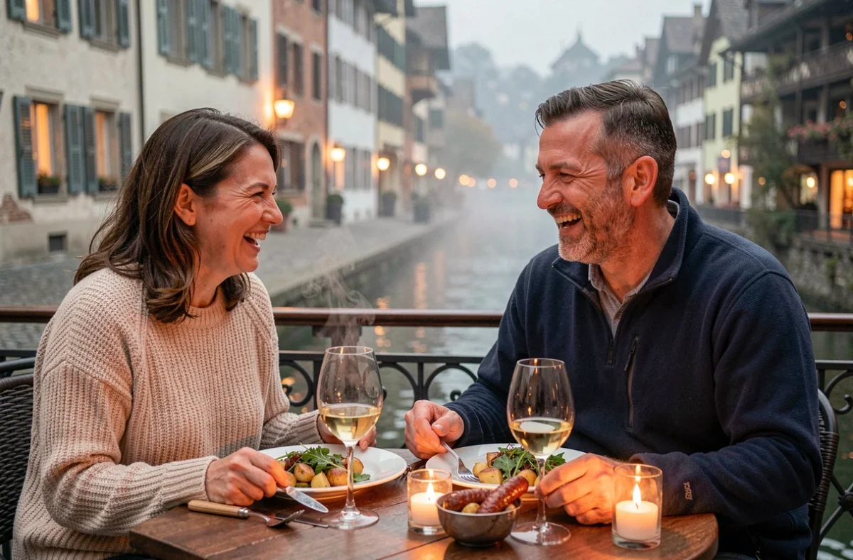 Couple dînant en terrasse au bord du canal d'Annecy avec des diots au vin blanc en soirée d'automne