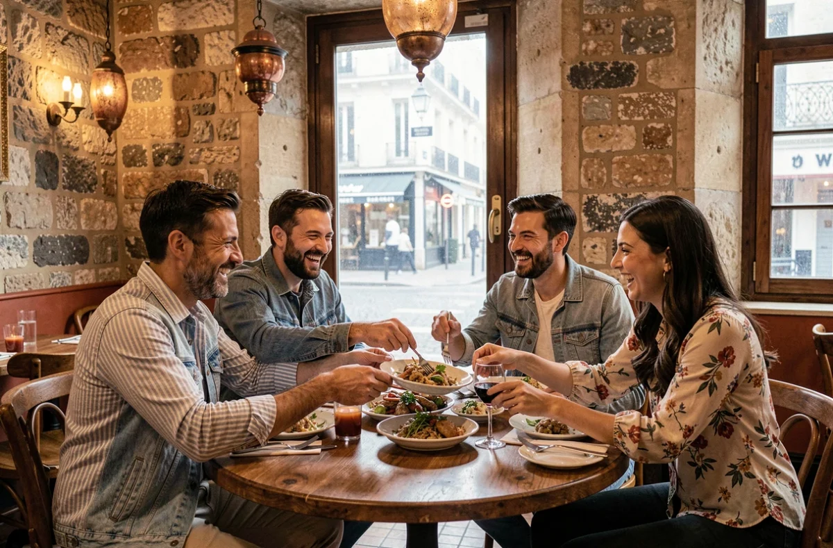 Groupe d'amis dînant ensemble au restaurant libanais Le Cèdre rue Mouffetard Paris dans une ambiance conviviale et chaleureuse