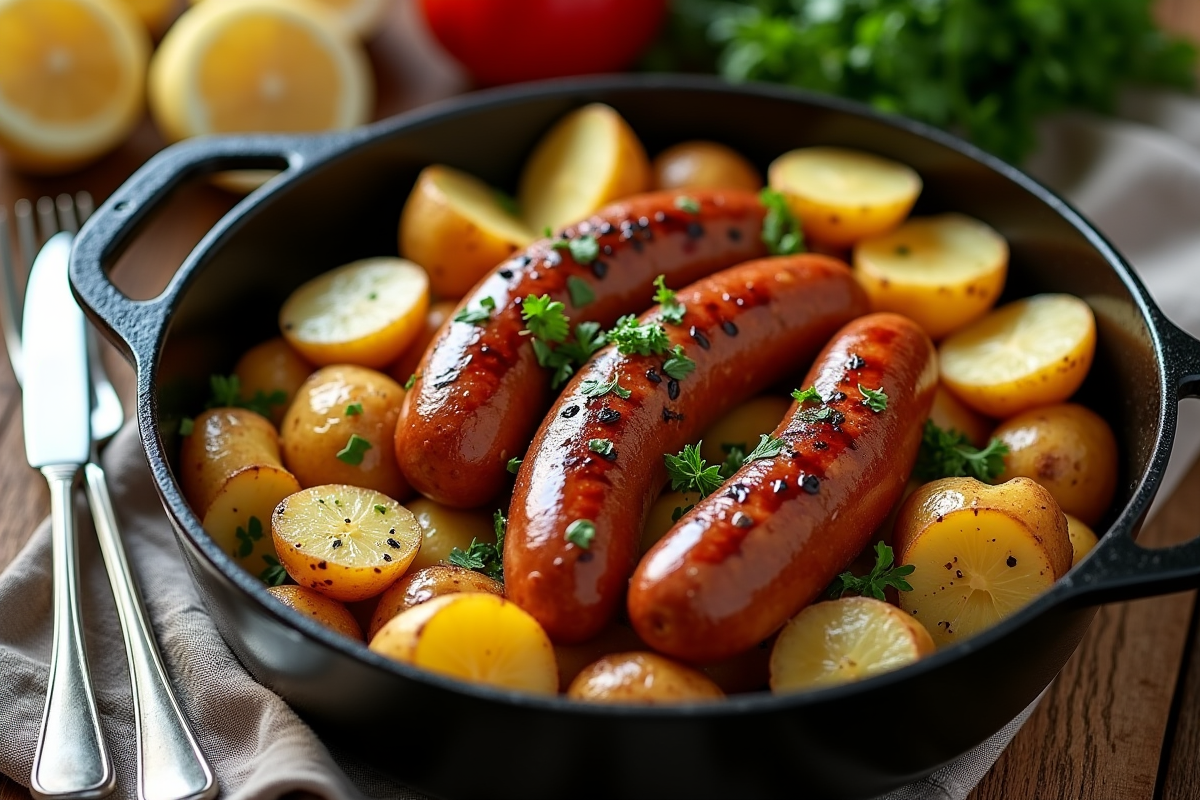 Gros plan sur diots de Savoie et pommes de terre dans une cocotte
