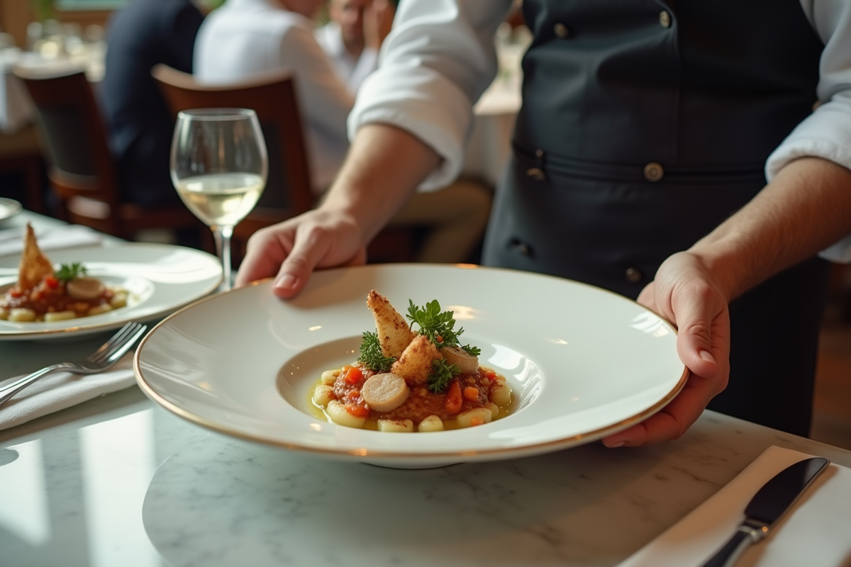 Chef dressant un plat gourmet avec précision