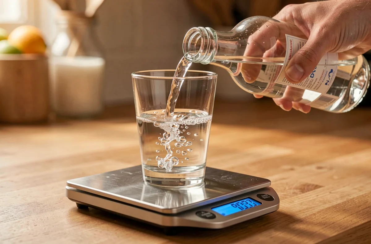 Eau versée dans un verre posé sur une balance de cuisine