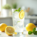 Verre d'eau gazeuse citronnée avec menthe sur une table blanche