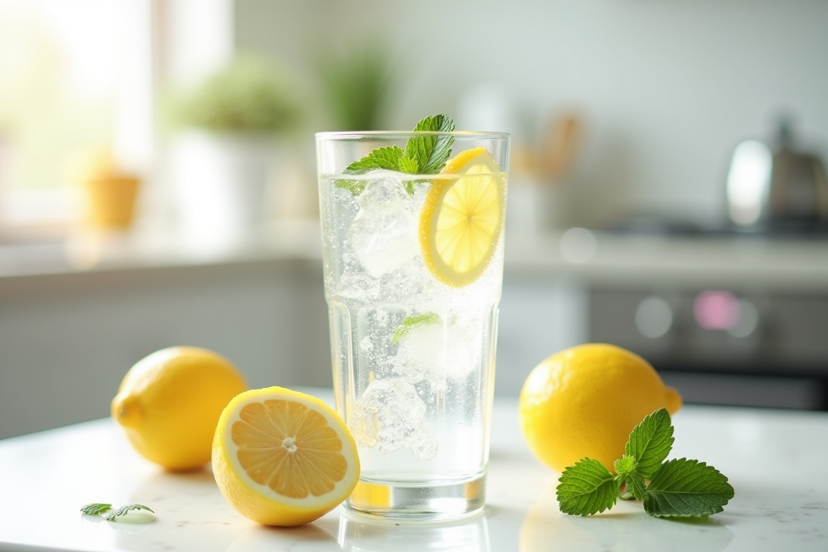 Verre d'eau gazeuse citronnée avec menthe sur une table blanche