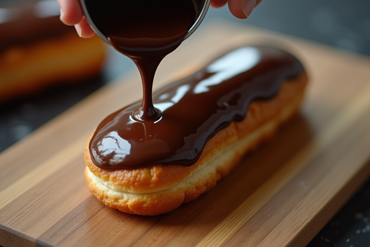 Eclair chocolaté en cours de glaçage sous lumière studio