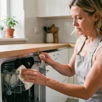 Femme entretenant le joint de porte d'un lave-vaisselle Valberg avec un chiffon microfibre dans une cuisine moderne