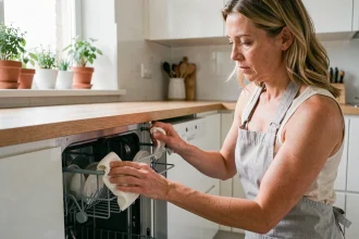 Femme entretenant le joint de porte d'un lave-vaisselle Valberg avec un chiffon microfibre dans une cuisine moderne