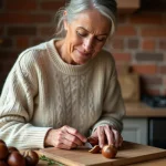 Femme épluchant des châtaignes fraîches avec un couteau sur une planche en bois rustique dans une cuisine campagnarde