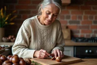 Femme épluchant des châtaignes fraîches avec un couteau sur une planche en bois rustique dans une cuisine campagnarde