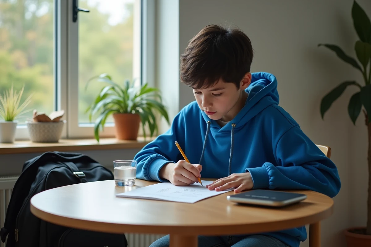 Adolescent à table révisant une fiche de conversion grammes en centilitres avec une balance de cuisine