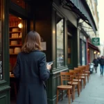 Femme lisant le menu ardoise devant la devanture du Bistrot Paul Bert dans le 11e arrondissement de Paris un matin de semaine