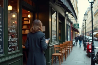 Femme lisant le menu ardoise devant la devanture du Bistrot Paul Bert dans le 11e arrondissement de Paris un matin de semaine