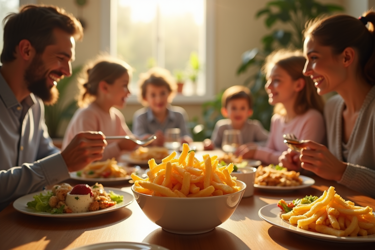 Famille partageant un repas avec des frites maison et plats sains