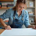 Femme posant un papier sulfurisé sur une impression DTF dans un atelier lumineux
