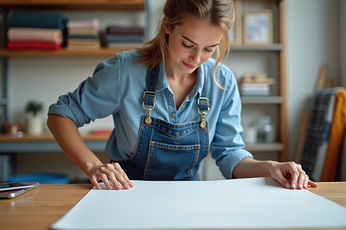 Femme posant un papier sulfurisé sur une impression DTF dans un atelier lumineux