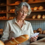 Femme tenant une baguette et lisant un ticket de caisse dans une boulangerie traditionnelle française
