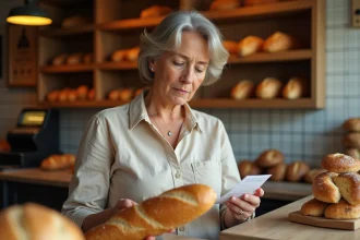 Femme tenant une baguette et lisant un ticket de caisse dans une boulangerie traditionnelle française