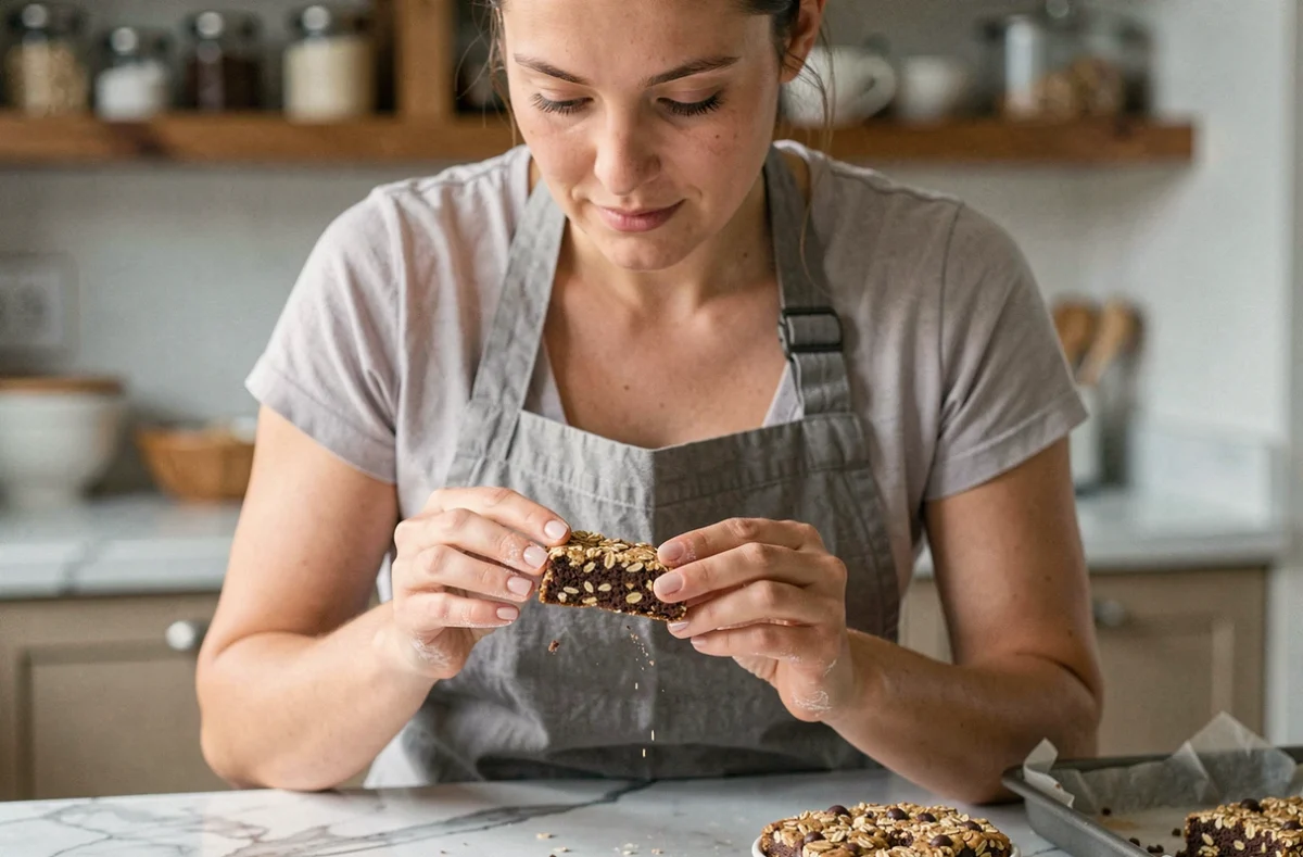 Femme tenant une barre de céréales maison avoine chocolat noir dans une cuisine naturelle