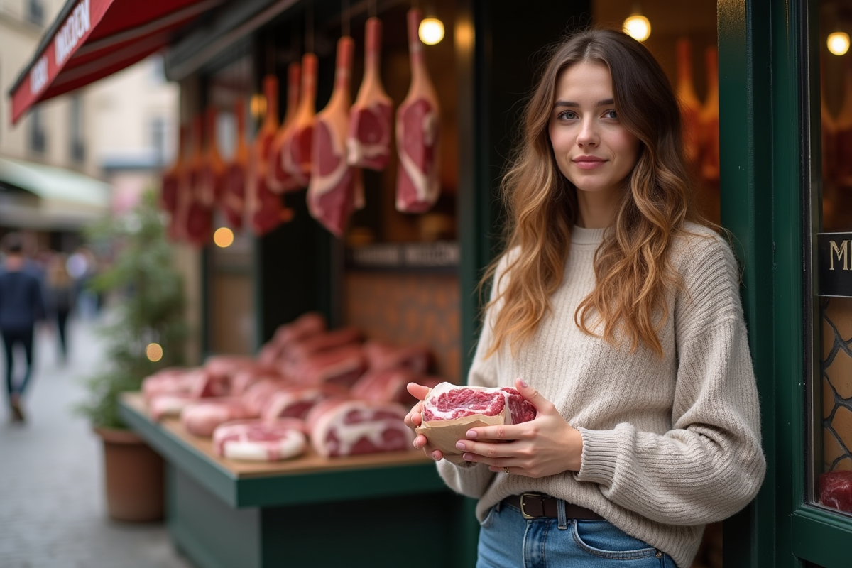 Jeune femme devant une boucherie avec un paquet de viande