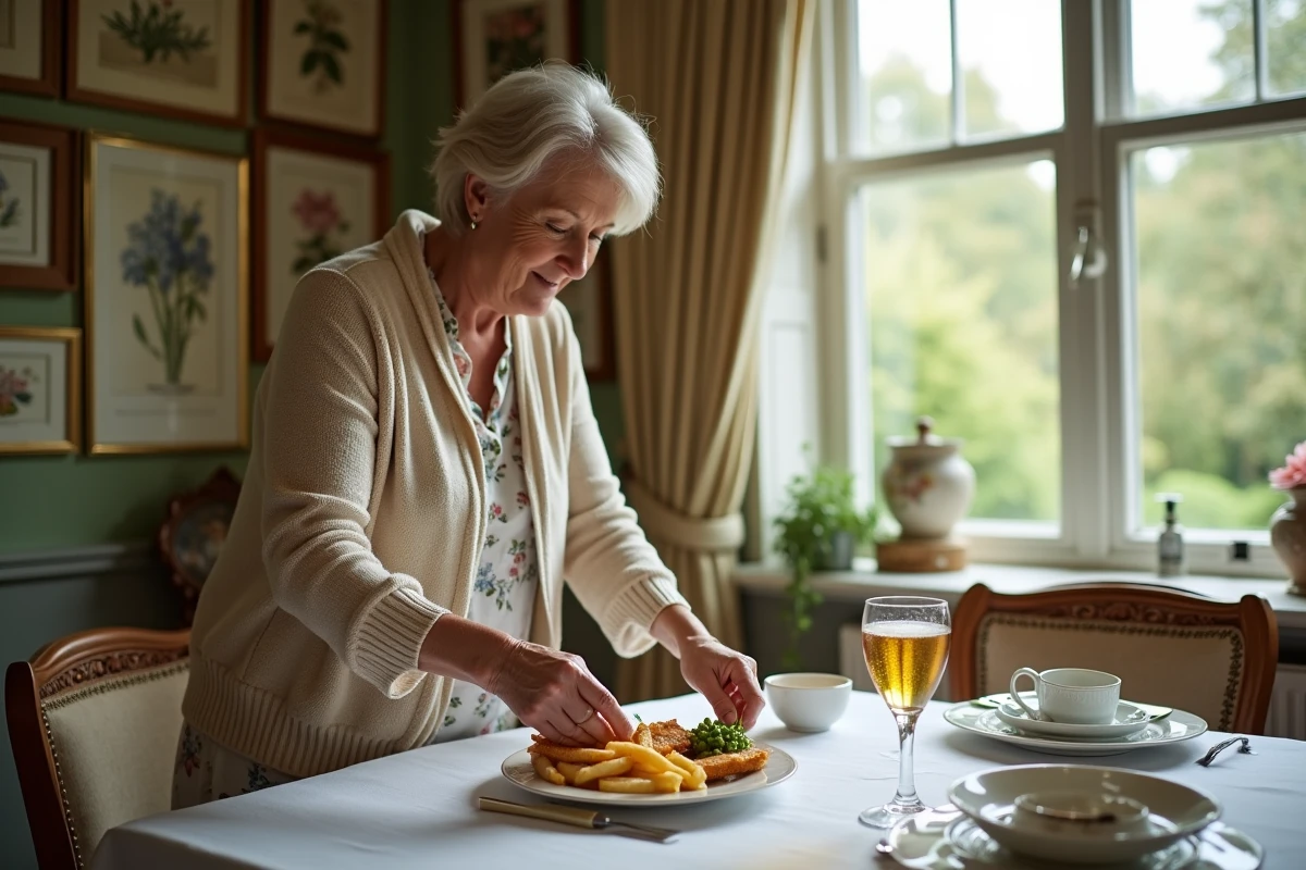 Femme britannique arrangeant fish and chips dans une salle à manger lumineuse
