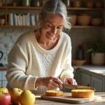 Femme souriante coupant un gâteau aux pommes et yogourt dans une cuisine chaleureuse