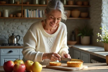 Femme souriante coupant un gâteau aux pommes et yogourt dans une cuisine chaleureuse