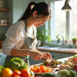 Femme chinoise souriante prépare un repas coloré et sain dans une cuisine moderne