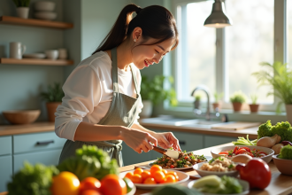 Femme chinoise souriante prépare un repas coloré et sain dans une cuisine moderne