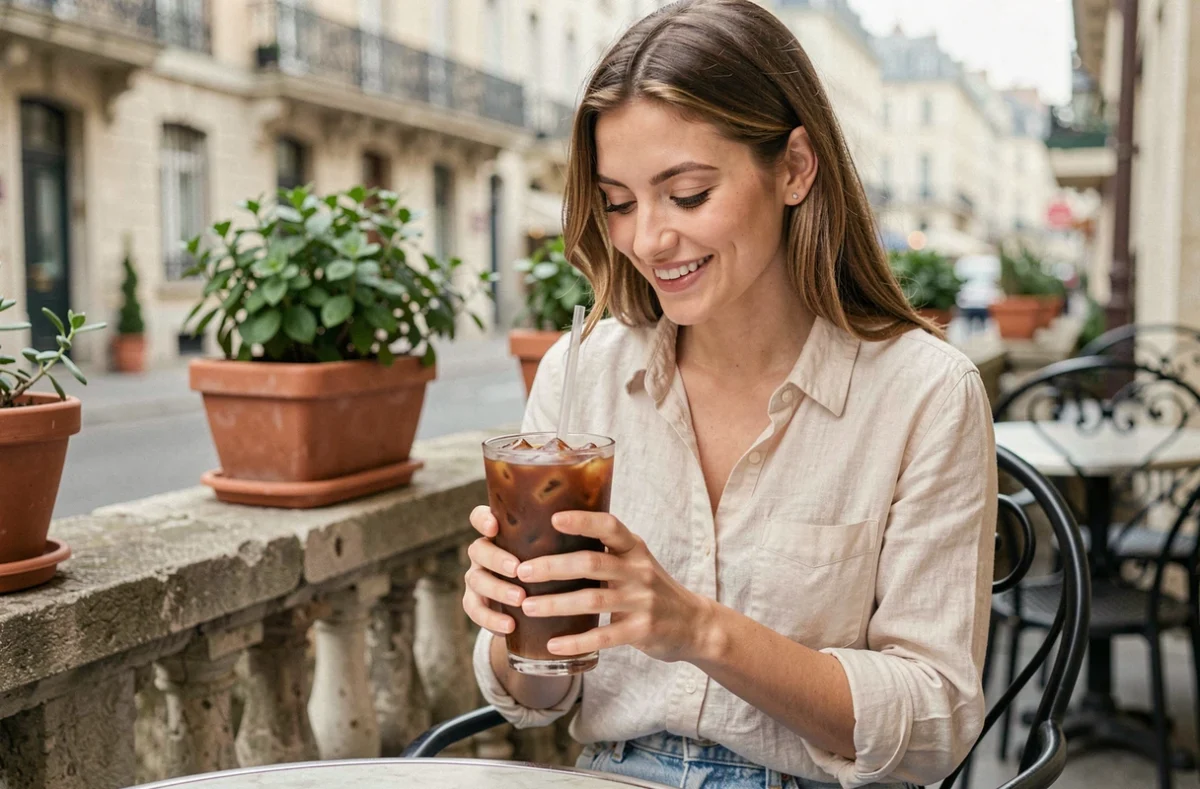 Jeune femme souriante tenant un verre de cold brew au Kahlúa en terrasse dans une ville européenne ensoleillée