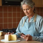 Femme en cuisine comparant le prix au kilo du fromage Beaufort affiché sur internet avec l'étiquette du produit
