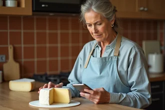Femme en cuisine comparant le prix au kilo du fromage Beaufort affiché sur internet avec l'étiquette du produit