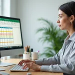 Femme utilisant Excel pour créer un convertisseur millilitres en litres sur ordinateur de bureau