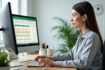 Femme utilisant Excel pour créer un convertisseur millilitres en litres sur ordinateur de bureau