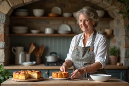 Femme en tablier coupe un quatrequarts breton dans une cuisine chaleureuse
