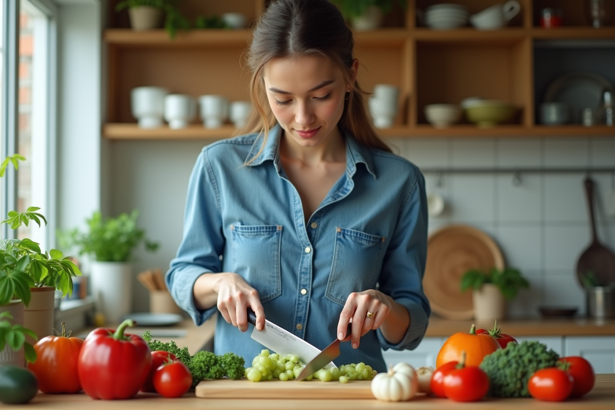 Jeune femme coupe légumes avec couteaux japonais et allemands
