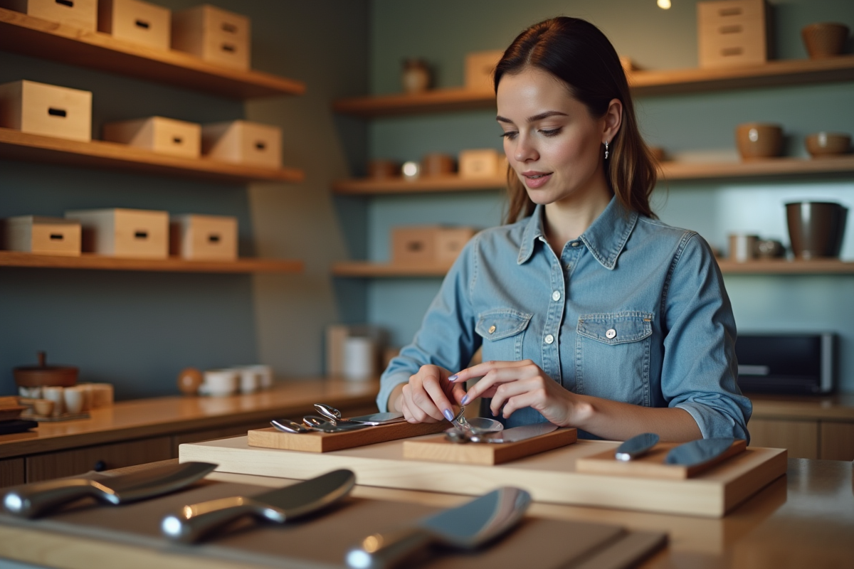 Jeune femme examinant des couteaux de cuisine dans un magasin spécialisé