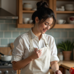 Femme en tablier blanc dans une cuisine chaleureuse