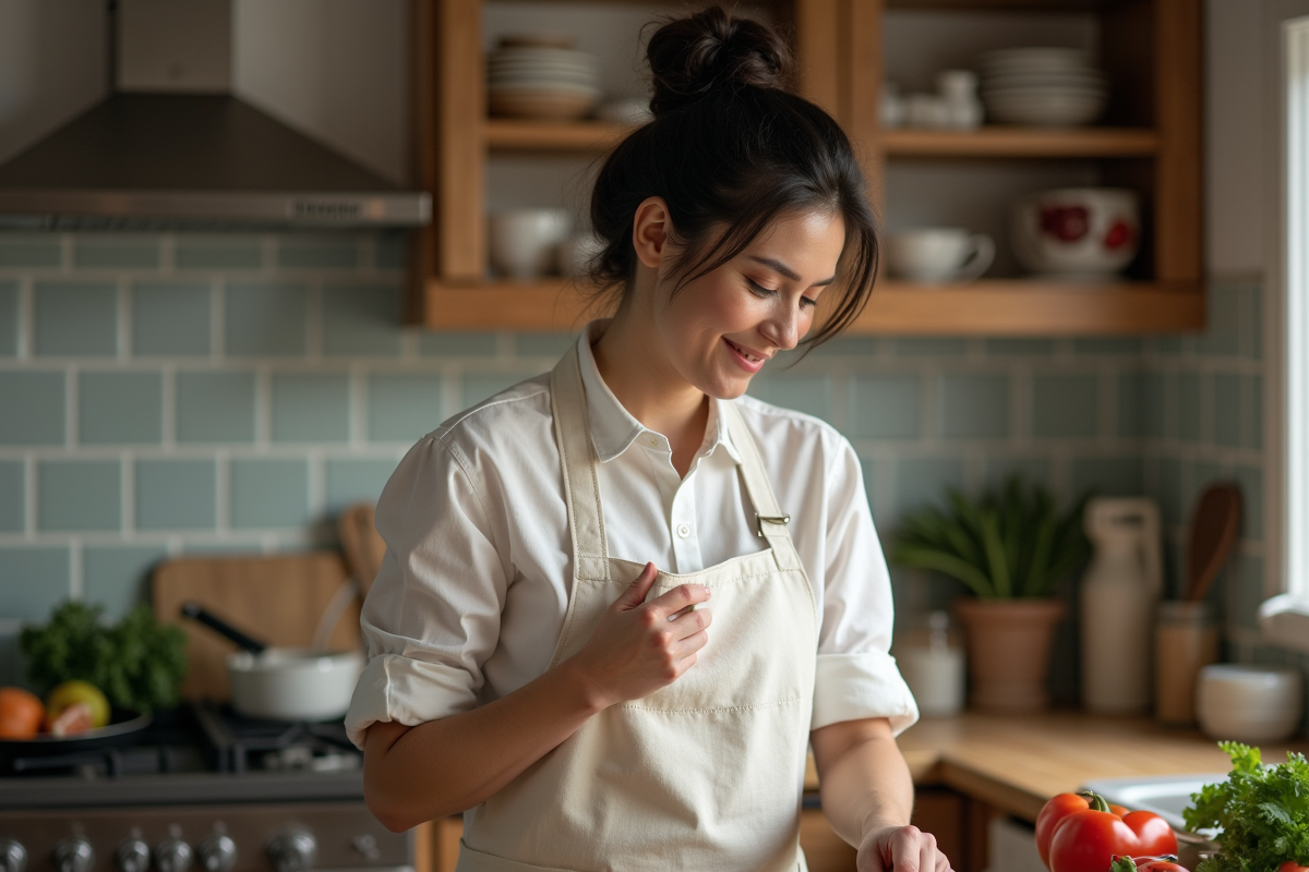 Femme en tablier blanc dans une cuisine chaleureuse