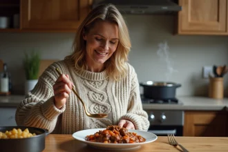 Femme en pull chaud servant un boeuf carotte dans la cuisine