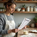 Femme en cuisine consultant un tableau de conversion grammes en centilitres à côté d'un verre doseur