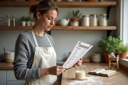 Femme en cuisine consultant un tableau de conversion grammes en centilitres à côté d'un verre doseur