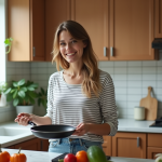 Femme souriante avec poêle en cuisine chaleureuse