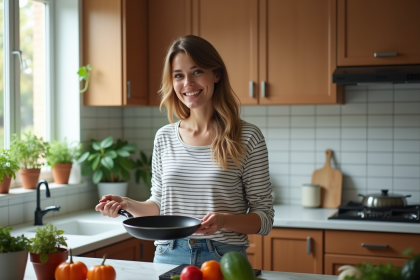 Femme souriante avec poêle en cuisine chaleureuse