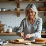 Femme en cuisine coupant un gâteau aux poires et amandes