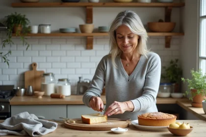 Femme en cuisine coupant un gâteau aux poires et amandes