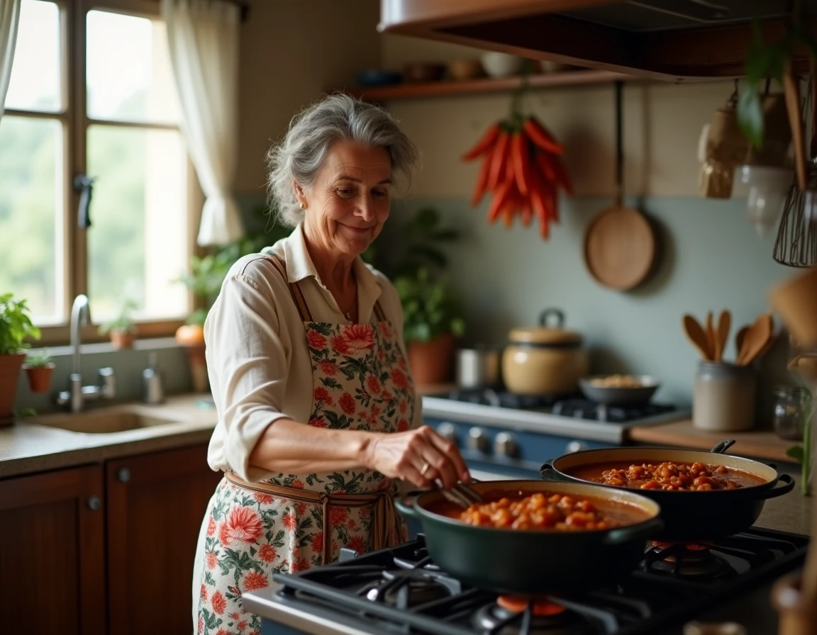 Femme cuisinant un goulash hongrois traditionnel dans une cocotte en fonte sur une cuisinière vintage